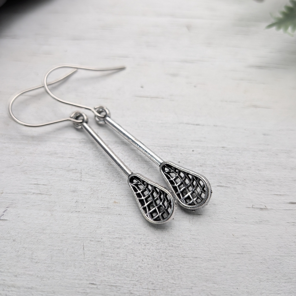 Elegant Silver Lacrosse Stick Drop Earrings